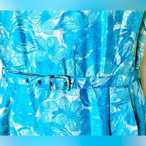 Blue Floral Crepe 60s Midi Blue Hippie Shift Vintage 1960s Sixties Day Dress